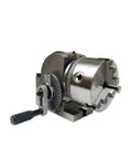 Heavy Duty Precision CNC Fourth Axis Rotary Dividing Head sporting a grippy three jaw chuck, side view showcasing solid tailstock.