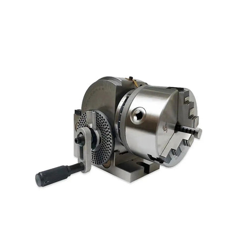 Heavy Duty Precision CNC Fourth Axis Rotary Dividing Head sporting a grippy three jaw chuck, side view showcasing solid tailstock.