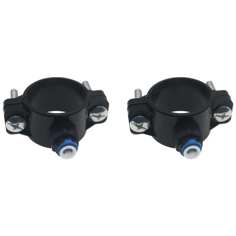 Two black Drain Saddle Valve Clamp One Quarter Inch Quick Connect Fitting For Under Sink Water Filters And RO Systems, durable POM plastic.