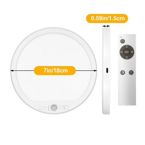 Rechargeable Motion Sensor Ceiling Light With Remote Cordless Magnetic Stick On Closet Light For Shower Shed Hallway Porch Stairs And Garage 8000mAh Battery USB Quick Charge Long Lasting Power shown with dimensions and remote control