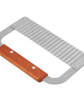 Crinkle cutter with wooden handle and stainless steel wavy blade, front view