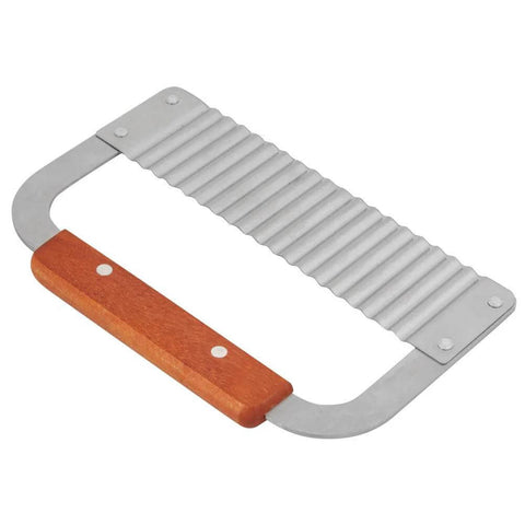 Crinkle cutter with wooden handle and stainless steel wavy blade, front view