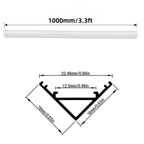 V Shape LED Aluminum Channel Kit 10 Pack 3.3ft Each With Milky Diffuser Cover dimensions diagram