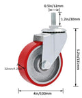 4 Pack 4 Inch Red Polyurethane Swivel Caster Wheels With Brake, Bolt Mount, showing detailed dimensions and design.