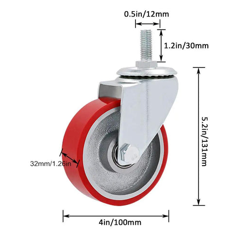 4 Pack 4 Inch Red Polyurethane Swivel Caster Wheels With Brake, Bolt Mount, showing detailed dimensions and design.