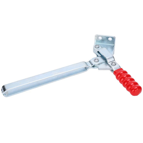 Naroote Vertical Toggle Clamp With Extra Long Arm For Quick Fixture Fastening And Workholding In Tricky Scenarios A Total Game Changer For Metal Working Pros Looking To Nail Those Tough Clamping Jobs Every Single Time Without Hassle, side view of strong steel clamp with red handle.