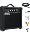Portable 20W Electric Guitar Amp For Beginners With Headphone Output And Aux In, Distortion, Treble, Bass, Volume Controls shown with accessories
