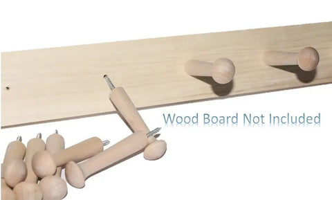 Screw On Shaker Pegs Birch Hardwood Two Seven Eighths Inch Wood Length With Three Quarter Inch Hanger Bolt Ten Pack Sanded Smooth Tight Grain Birch Stain Ready No Fuss Easy Install For Cabinets And Shelves displayed against board with pegs