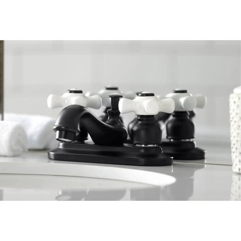 Black Retro Vibe Restoration 4-Inch Centerset Lavatory Faucet With Porcelain Cross Handle For A Classic Bath Upgrade, side view