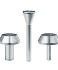Professional Router Subbase Centering Pin And Cone Set Including Half And Quarter Inch Inside Guides Along With Quarter Outside Guide For Dead On Collet Alignment And Nailed Down Router Template Jobs, three-piece silver alignment tools.