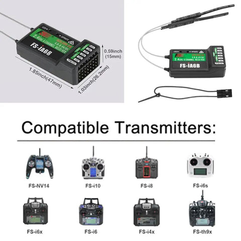 Flysky FS IA6B 6 Channel 2.4GHz AFHDS 2A Receiver Compatible With I4 I6 I6S I6X I10 Transmitters and dimensions