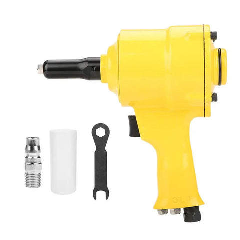 Professional Grade Pneumatic Rivet Gun With Knockout Grip Design And Killer Pull Power Air Powered Riveting Tool For Rock Solid Aluminum Steel Fastening Jobs in yellow with accessories.