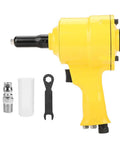 Built Like A Tank Pneumatic Rivet Gun Featuring An Easy Grip Design And Rapid Air Powered Drive For Auto Repair And Metal Fabrication 2 Point 4 To 4 Point 8 mm Fasteners In Bright Yellow with accessories.