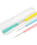 Four Piece Sugar Stir Needle Set And Gotta Have Cookie Decorating Tools Featuring Smooth Plastic Grips For Quick Icing Outlining Cake Embossing And Syrup Mixing with colorful grips in case.
