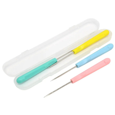 Four Piece Sugar Stir Needle Set And Gotta Have Cookie Decorating Tools Featuring Smooth Plastic Grips For Quick Icing Outlining Cake Embossing And Syrup Mixing with colorful grips in case.