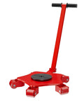 No Sweat Heavy Duty Machinery Mover Skates Featuring 360 Degree Swivel Rollers, red with handle for easy pallet transport.