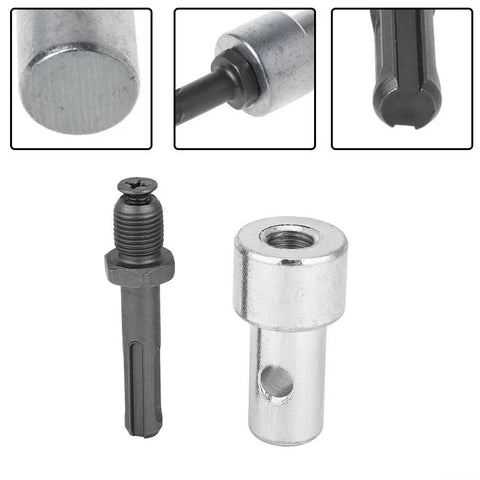 Two Slot Drill Bit Adapter for Earth Auger and Electric Drill Connection, showing steel construction and quick swap design