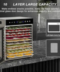 No Sweat 10 Tier Electric Food Dehydrator With Stainless Steel Shelves and Simple Digital Controls, showcasing colorful snacks.
