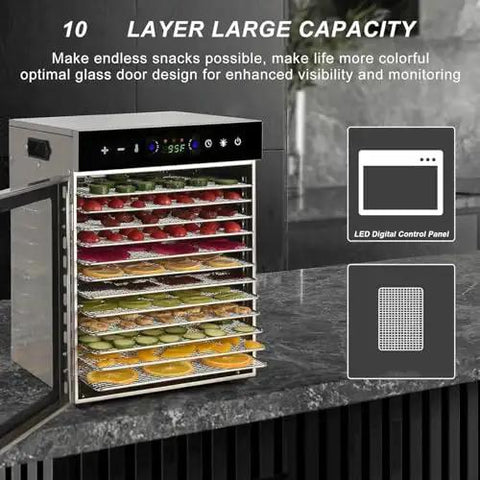No Sweat 10 Tier Electric Food Dehydrator With Stainless Steel Shelves and Simple Digital Controls, showcasing colorful snacks.
