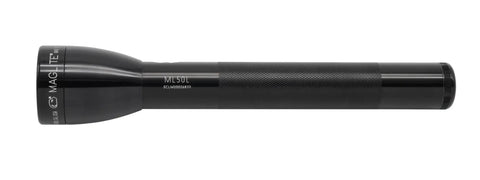 Side view of ML50L LED 3 Cell C Flashlight with Adjustable Focus from Spot to Flood and Four Mode Settings, USA Made, black body visible.