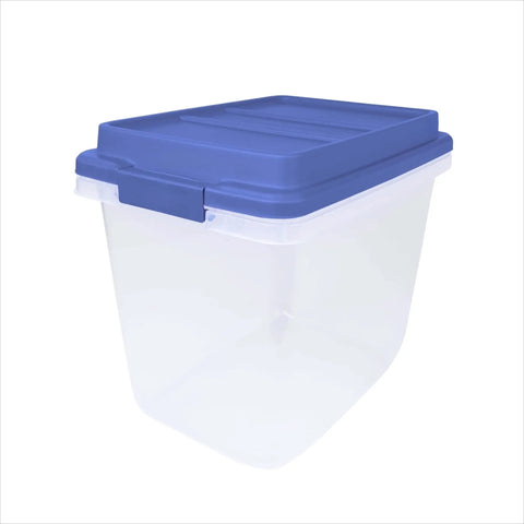 Kick Ass 32 Quart Clear Plastic Stackable Storage Bins With Blue Latching Lids, side view showcasing lid and clear body.