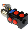 Hydraulic solenoid selector valve, black block with red port caps, top-mounted clear solenoid, 12V DC