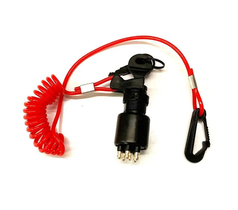 Evinrude OMC Ignition Key Switch With Safety Lanyard Push To Choke Replacement for Yamaha 5005801 175974 Direct OEM Quality Plug And Play Marine Key Switch BRP Style, red lanyard