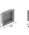 Shower Niche 16 By 16 Inch Square Edge Recessed Storage, Waterproof Tileable Panel with dimensions 16"x16" and 4" depth.