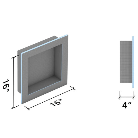 Shower Niche 16 By 16 Inch Square Edge Recessed Storage, Waterproof Tileable Panel with dimensions 16"x16" and 4" depth.