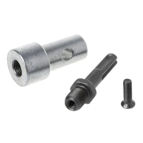 Two Slot Round Shank Drill Bit Adapter For Earth Auger Heads, SDS Arbor Connector with Angled Nut Head and screws displayed.