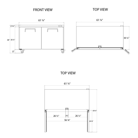 Heavy Duty Commercial Undercounter Freezer 60 Inch 14.1 Cu Ft Stainless Steel Led Lights Dual Doors ETL Certified front and top views with dimensions.