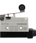Limit Switch TZ-7141 with short hinge roller lever actuator showing side view and electrical specifications