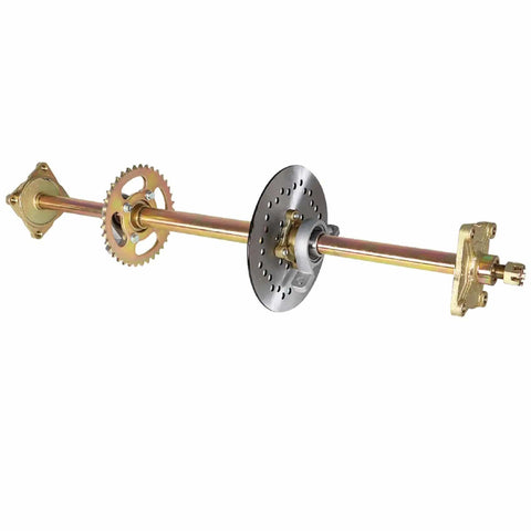 32 Inch Live Rear Axle Kit With Disc Wheel Hub Replacement For Go Kart ATV Quad And Drift Trikes shown in full assembly with chrome shaft.