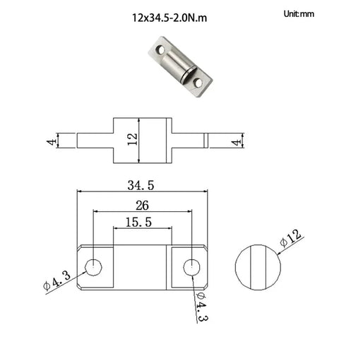360° torque hinge with embedded circular rod, arbitrary stop rotation axis, 12x34.5-2.0N.m, silver metal, 1 piece