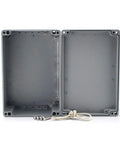 Hella Tough Aluminum Junction Box Featuring IP66 Waterproof Seal And Reliable Heat Dissipation For Demanding Outdoor Cable Runs And Switch Installations In Grey Finish sized at 9.4 by 6.3 by 4 inches, open view showing interior.