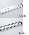Backside and front of heavy duty push to open drawer slides with soft close three panel fully extendable guides for smooth operation