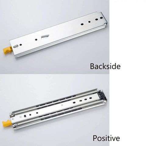 Backside and front of heavy duty push to open drawer slides with soft close three panel fully extendable guides for smooth operation