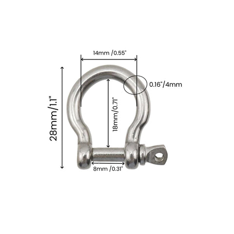 Set Of 20 M4 D Ring Shackles 304 Stainless Steel Screw Pin Heavy Duty Shackles For Tow Straps Cables And Chains 60 Kg Working Load 4mm Diameter Corrosion Resistant Solid Build Built To Last Gear featuring a single shackle with dimensions marked in millimeters.