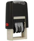 Top Shelf Self Inking Rubber Date Stamp With Emailed Marking, Compact Black Ink Office Gear front view showing rolling bands and red button.