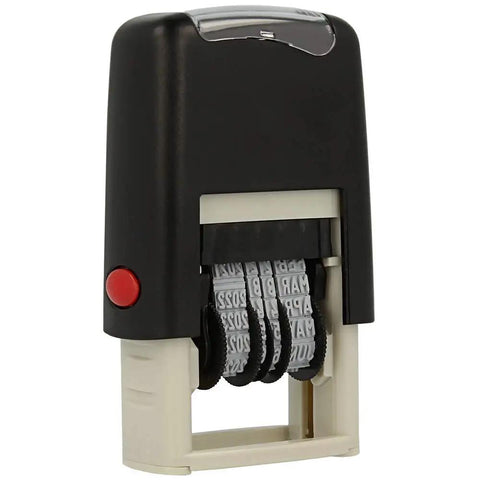 Top Shelf Self Inking Rubber Date Stamp With Emailed Marking, Compact Black Ink Office Gear front view showing rolling bands and red button.