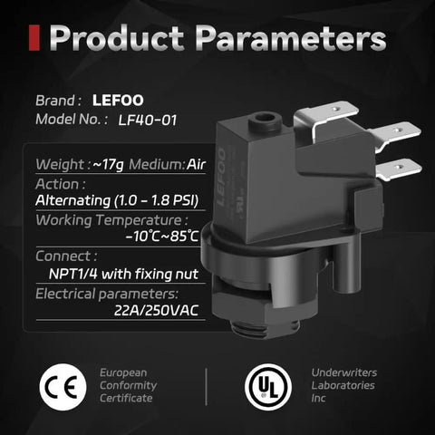 LF40 Pressure Switch For Spa And Hot Tub Pumps, Food Waste Garbage Disposals, 1.0-1.8 PSI Alternating Action diagram