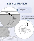 Two-pack washer lid strike replacement diagram; removes old strike and installs new for Whirlpool/Maytag.