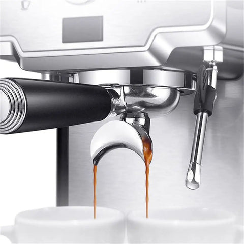 Electric Coffee Machine Milk Frother And Cappuccino Maker With Removable Tank Stainless Steel Safety Valve Easy Drip Tray Smart Panel pouring espresso.