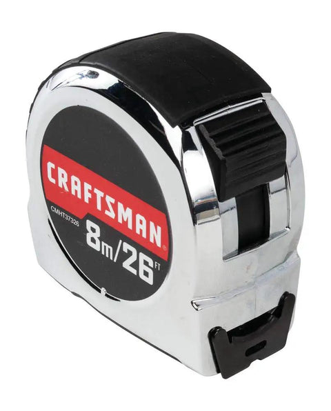 Retractable 8M Chrome Tape Measure With Rubber Overmold Grip And Durable Blade Coating, 26 Ft Standout on white background