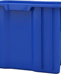 Open front stackable storage bins for garage and home organization, heavy duty plastic organizer set in blue 4 pack, side view