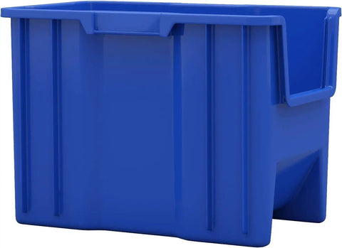 Open front stackable storage bins for garage and home organization, heavy duty plastic organizer set in blue 4 pack, side view
