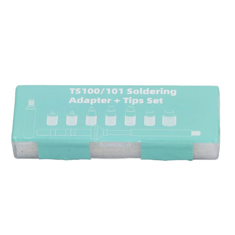 TS100/101 Soldering Adapter + Tips Set in blue packaging with outlined components, brass threaded soldering iron tips heat set inserts.