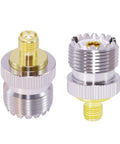 Close-up of PL259 To SMA Female And SO239 To SMA CB Antenna Adapters Set, Low Loss Connectors For CB Radio, nickel-plated copper.