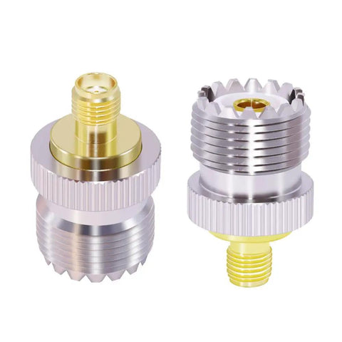 Close-up of PL259 To SMA Female And SO239 To SMA CB Antenna Adapters Set, Low Loss Connectors For CB Radio, nickel-plated copper.