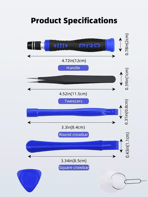 Dimensions and tools in 36 In 1 Screwdriver Set For DJI Drones And RC Toys Repair Tool Kit, including handle, tweezers, crowbars, and pick.